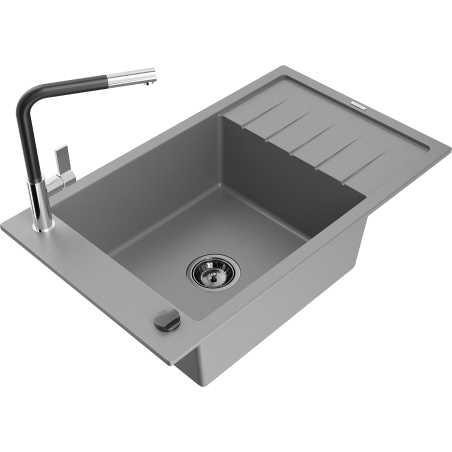 Mexen Elias Granitspüle 1-Becken mit Abtropffläche und Küchenarmatur Flora, grau - 6511-71-670401-07-B