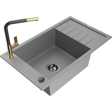 Mexen Elias Granitspüle 1-Becken mit Abtropffläche und Küchenarmatur Flora, grau - 6511-71-670401-57-B