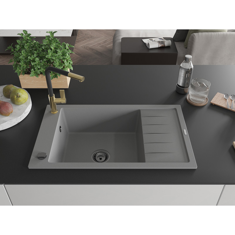 Mexen Elias Granitspüle 1-Becken mit Abtropffläche und Küchenarmatur Flora, grau - 6511-71-670401-57-B