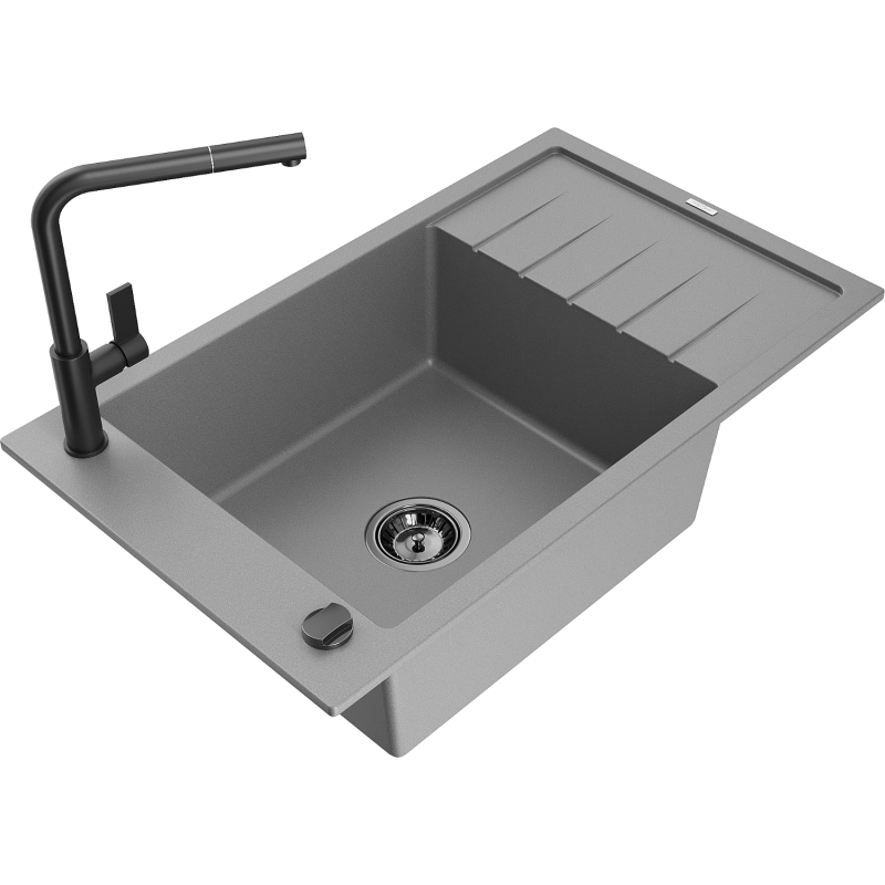 Mexen Elias Granitspüle 1-Becken mit Abtropffläche und Küchenarmatur Flora, grau - 6511-71-670401-70-B