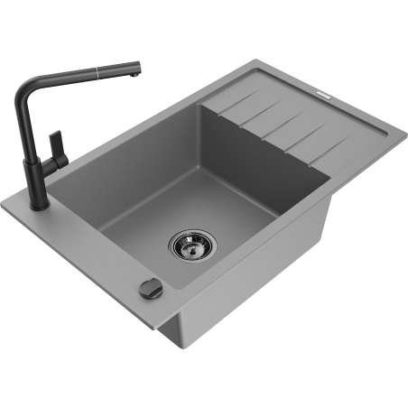 Mexen Elias Granitspüle 1-Becken mit Abtropffläche und Küchenarmatur Flora, grau - 6511-71-670401-70-B