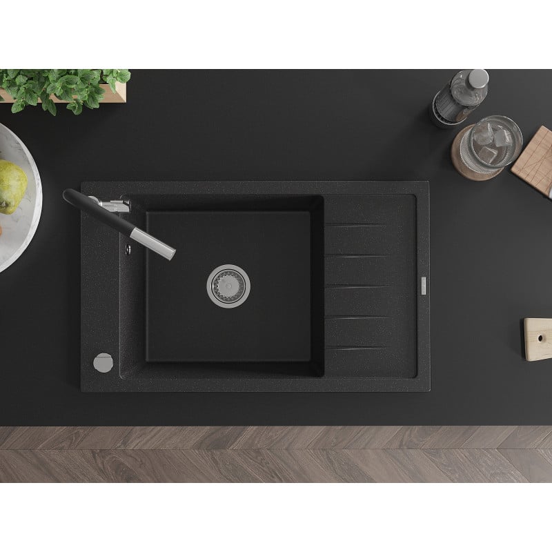 Mexen Elias granit Spüle 1-Becken mit Abtropffläche und Küchenarmatur Flora, schwarz/silber metallic - 6511-73-670401-07