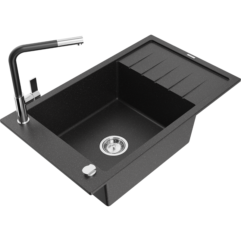Mexen Elias granit Spüle 1-Becken mit Abtropffläche und Küchenarmatur Flora, schwarz/silber metallic - 6511-73-670401-07