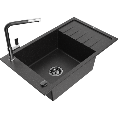 Mexen Elias Granitspüle 1-becken mit Abtropffläche und Küchenarmatur Flora, schwarz/silber-metallic - 6511-73-670401-07-B