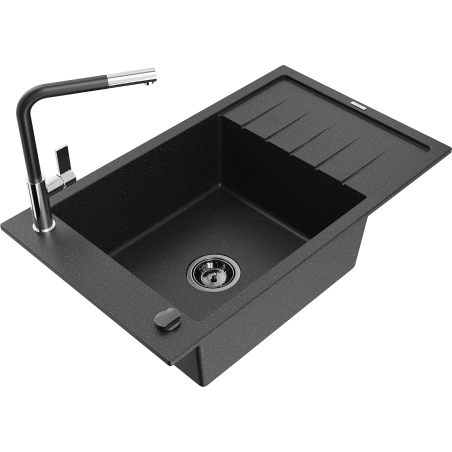 Mexen Elias Granitspüle mit 1 Becken, Abtropffläche und Küchenarmatur Flora, schwarz/silber-metallic - 6511-73-670401-07-B