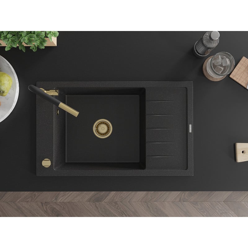 Mexen Elias Granitspüle 1-Becken mit Abtropffläche und Küchenarmatur Flora, schwarz/silber metallic - 6511-73-670401-57-G