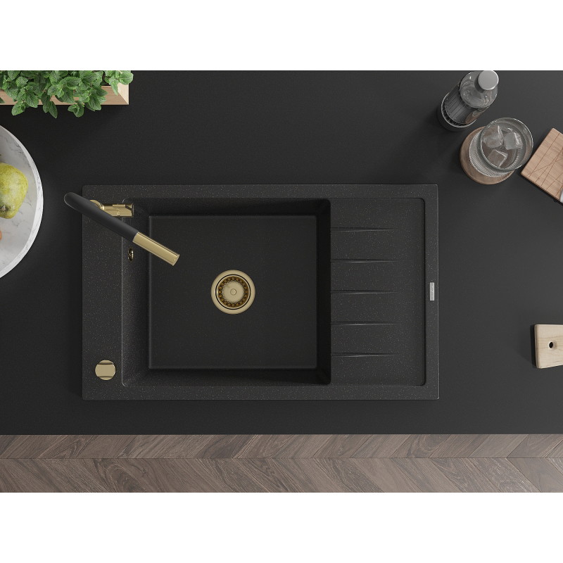 Mexen Elias Granitspüle 1-beckig mit Abtropffläche und Küchenarmatur Flora, schwarz/silber metallic - 6511-73-670401-57-G