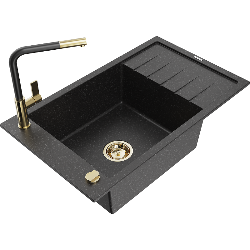 Mexen Elias Granitspüle 1-Becken mit Abtropffläche und Küchenarmatur Flora, schwarz/silber metallic - 6511-73-670401-57-G