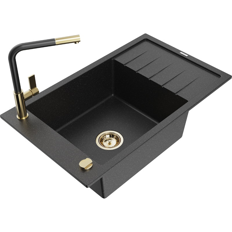 Mexen Elias Granitspüle 1-beckig mit Abtropffläche und Küchenarmatur Flora, schwarz/silber metallic - 6511-73-670401-57-G