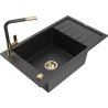 Mexen Elias Granitspüle 1-Becken mit Abtropffläche und Küchenarmatur Flora, schwarz/silber metallic - 6511-73-670401-57-G