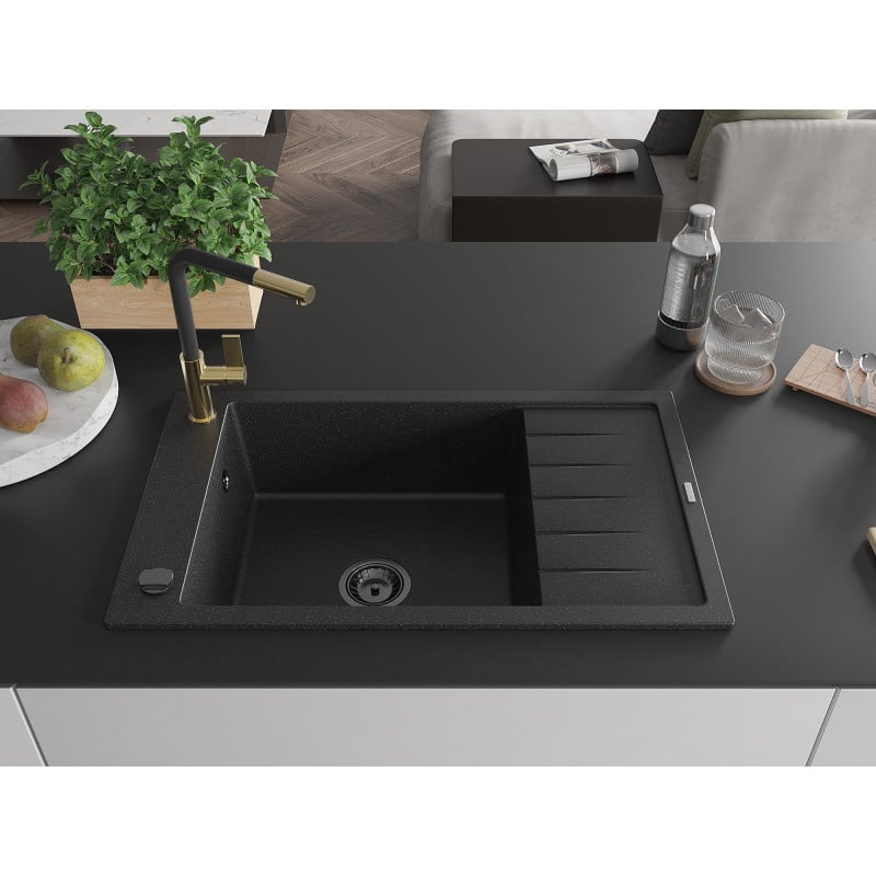 Mexen Elias Granitspüle 1-beckig mit Abtropffläche und Küchenarmatur Flora, schwarz/silberner Metallic - 6511-73-670401-57-B