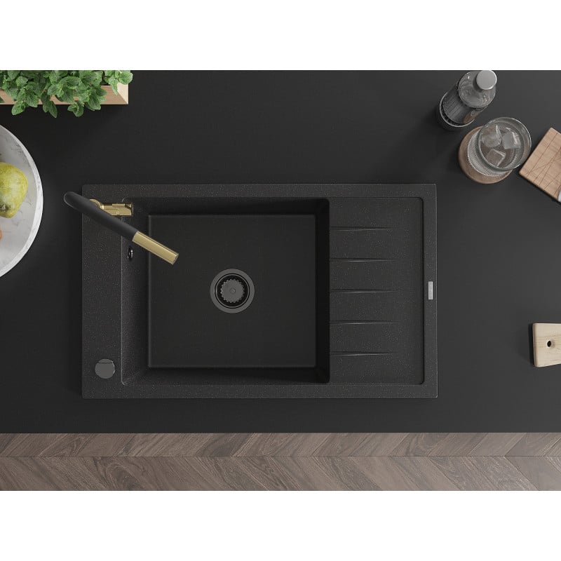 Mexen Elias Granitspüle 1-beckig mit Abtropffläche und Küchenarmatur Flora, schwarz/silberner Metallic - 6511-73-670401-57-B