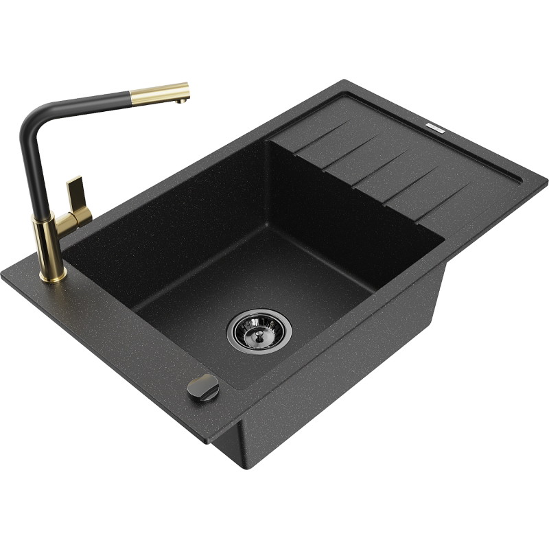 Mexen Elias Granitspüle 1-Becken mit Abtropffläche und Küchenarmatur Flora, schwarz/silber metallic - 6511-73-670401-57-B