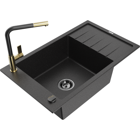 Mexen Elias Granitspüle 1-Becken mit Abtropffläche und Küchenarmatur Flora, schwarz/silber metallic - 6511-73-670401-57-B
