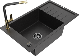 Mexen Elias Granitspüle 1-Becken mit Abtropffläche und Küchenarmatur Flora, schwarz/silber metallic - 6511-73-670401-57-B