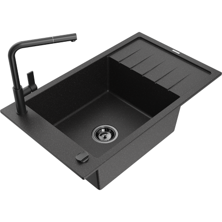 Mexen Elias Granitspüle 1-Becken mit Abtropffläche und Küchenarmatur Flora, Schwarz/Silber Metallic - 6511-73-670401-70-B
