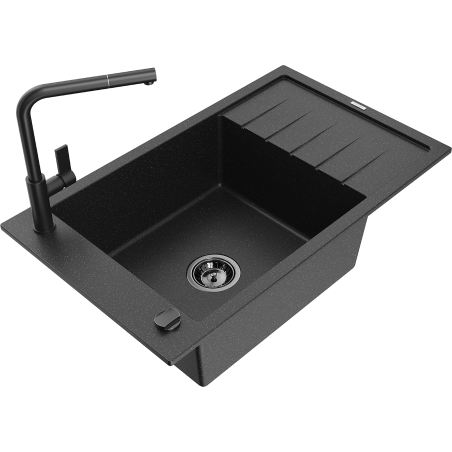 Mexen Elias Granitspüle 1-beckig mit Abtropffläche und Küchenarmatur Flora, schwarz/silber metallic - 6511-73-670401-70-B