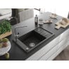 Mexen Elias Granitspüle 1-Becken mit Abtropffläche und Küchenarmatur Flora, schwarz/gold metallic - 6511-75-670401-00
