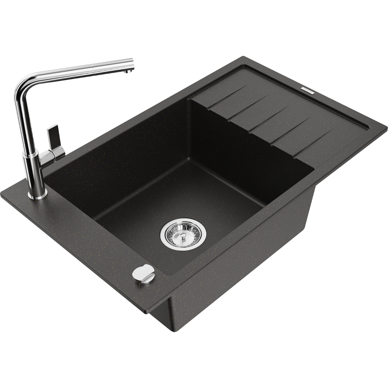 Mexen Elias Granitspüle 1-Becken mit Abtropffläche und Küchenarmatur Flora, schwarz/gold metallic - 6511-75-670401-00