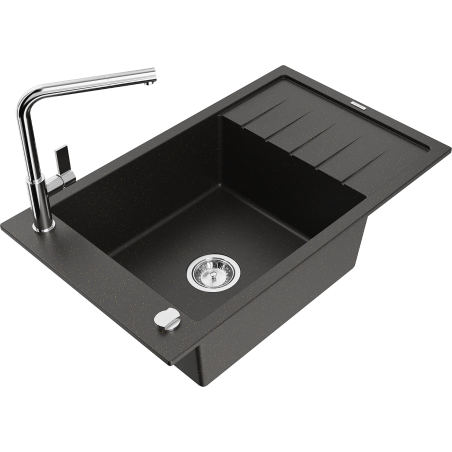 Mexen Elias Granitspüle 1-Becken mit Abtropffläche und Küchenarmatur Flora, schwarz/gold metallic - 6511-75-670401-00