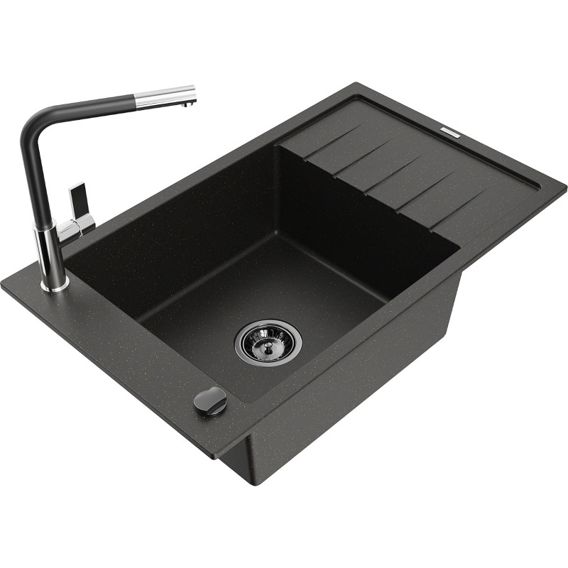 Mexen Elias Granitspüle 1-Becken mit Abtropffläche und Küchenarmatur Flora, schwarz/gold metallisch - 6511-75-670401-07-B