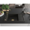 Mexen Elias Granitspüle 1-Becken mit Abtropffläche und Küchenarmatur Flora, schwarz/gold-metallisch - 6511-75-670401-57-G