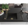 Mexen Elias Granitspüle 1-beckig mit Abtropffläche und Küchenarmatur Flora, schwarz/goldener Metallic - 6511-75-670401-57-G