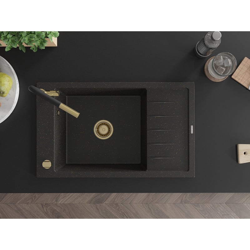 Mexen Elias Granitspüle 1-beckig mit Abtropffläche und Küchenarmatur Flora, schwarz/goldener Metallic - 6511-75-670401-57-G