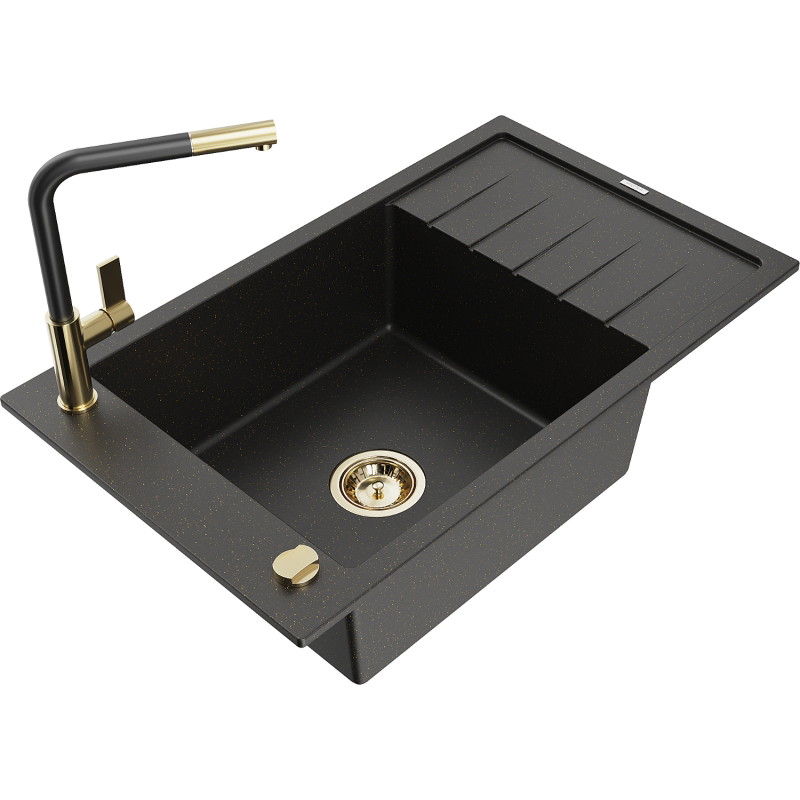 Mexen Elias Granitspüle 1-Becken mit Abtropffläche und Küchenarmatur Flora, schwarz/gold-metallisch - 6511-75-670401-57-G