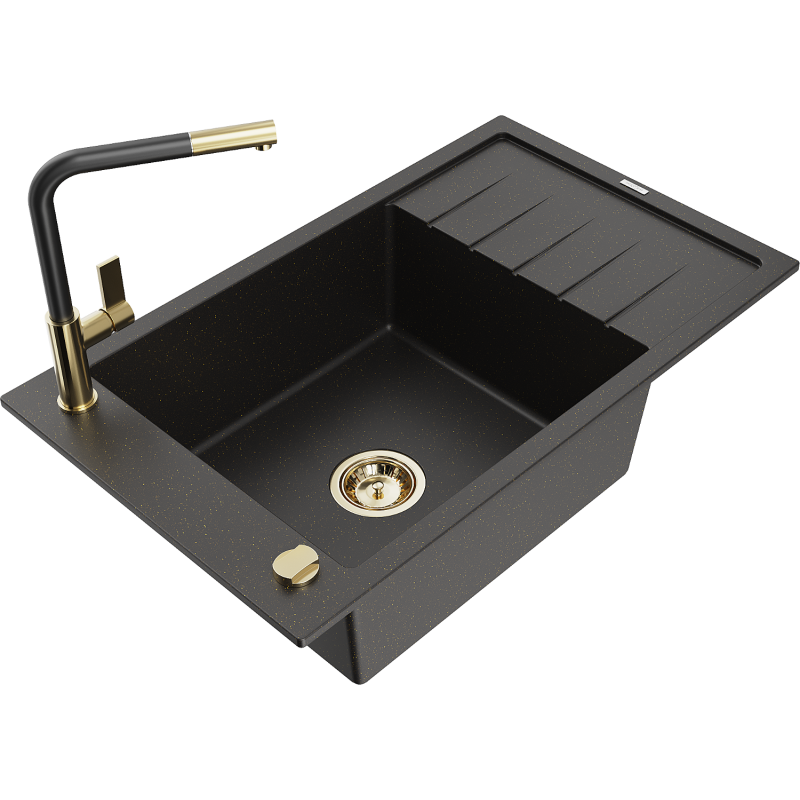 Mexen Elias Granitspüle 1-beckig mit Abtropffläche und Küchenarmatur Flora, schwarz/goldener Metallic - 6511-75-670401-57-G
