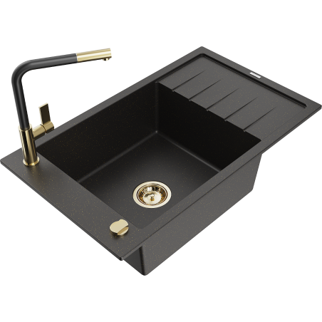 Mexen Elias Granitspüle 1-beckig mit Abtropffläche und Küchenarmatur Flora, schwarz/goldener Metallic - 6511-75-670401-57-G