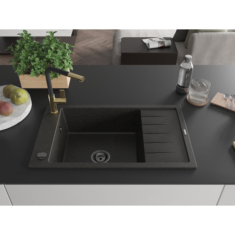 Mexen Elias Granitspüle ein Kammer mit Abtropffläche und Küchenarmatur Flora, schwarz/goldenes Metallic - 6511-75-670401-57-B