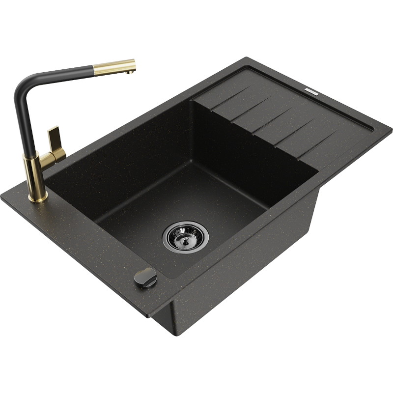 Mexen Elias Granitspüle 1-beckig mit Abtropffläche und Küchenarmatur Flora, schwarz/gold metallic - 6511-75-670401-57-B