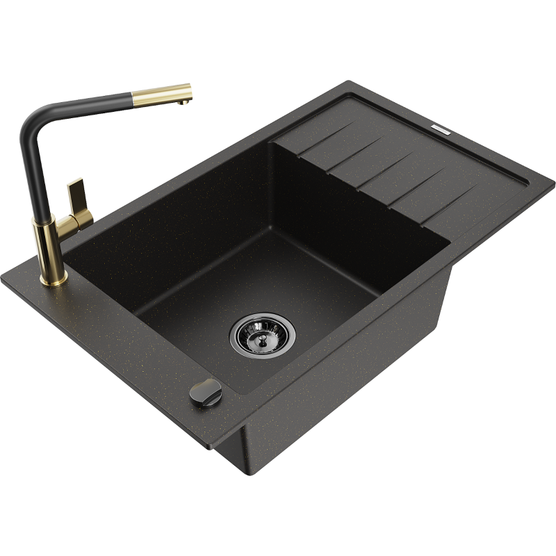 Mexen Elias Granitspüle ein Kammer mit Abtropffläche und Küchenarmatur Flora, schwarz/goldenes Metallic - 6511-75-670401-57-B