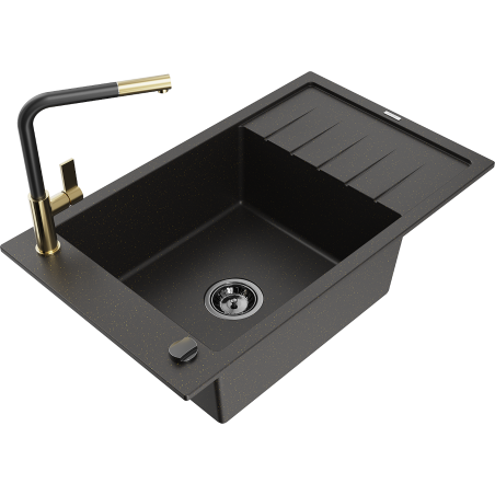 Mexen Elias Granitspüle ein Kammer mit Abtropffläche und Küchenarmatur Flora, schwarz/goldenes Metallic - 6511-75-670401-57-B