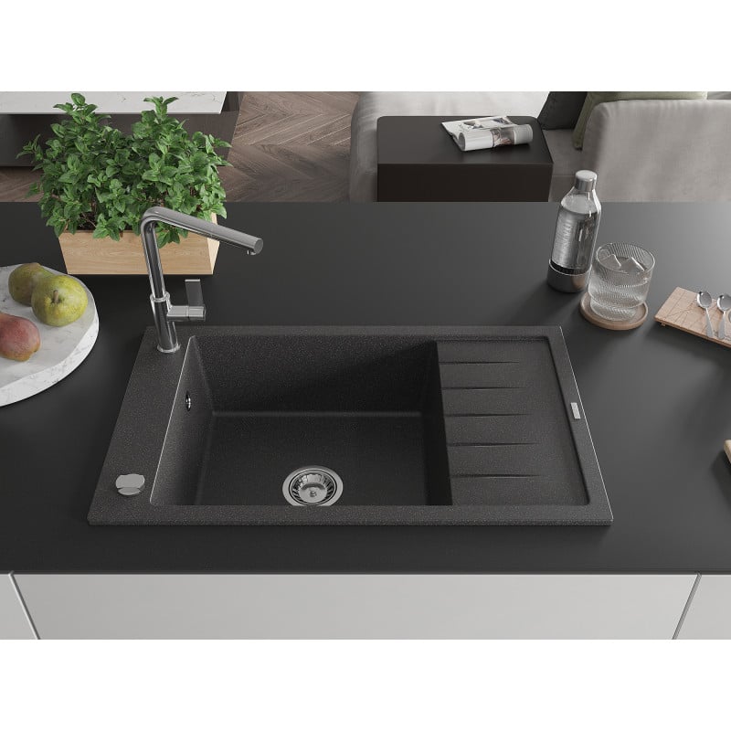 Mexen Elias Granitspüle 1-becken mit Abtropffläche und Küchenarmatur Flora, schwarz gesprenkelt - 6511-76-670401-00