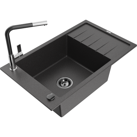 Mexen Elias Granitspüle 1-Becken mit Abtropffläche und Küchenarmatur Flora, schwarzer gesprenkelt - 6511-76-670401-07-B