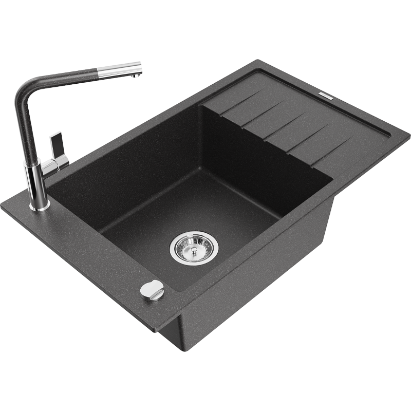 Mexen Elias Granitspüle 1-Becken mit Abtropffläche und Küchenarmatur Flora, schwarz gesprenkelt - 6511-76-670401-08