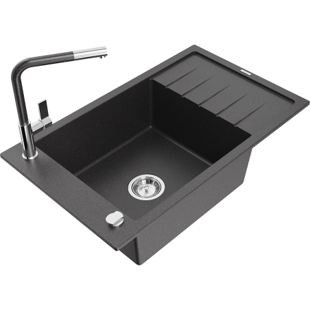 Mexen Elias Granitspüle 1-Becken mit Abtropffläche und Küchenarmatur Flora, schwarz gesprenkelt - 6511-76-670401-08