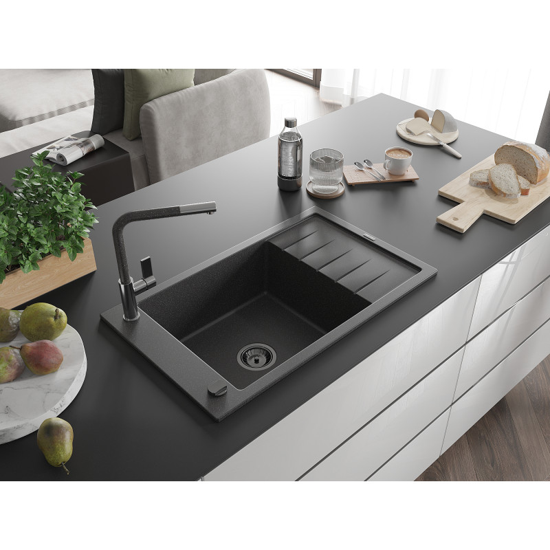 Mexen Elias Granitspüle 1-Becken mit Abtropffläche und Küchenarmatur Flora, schwarz gesprenkelt - 6511-76-670401-08-B