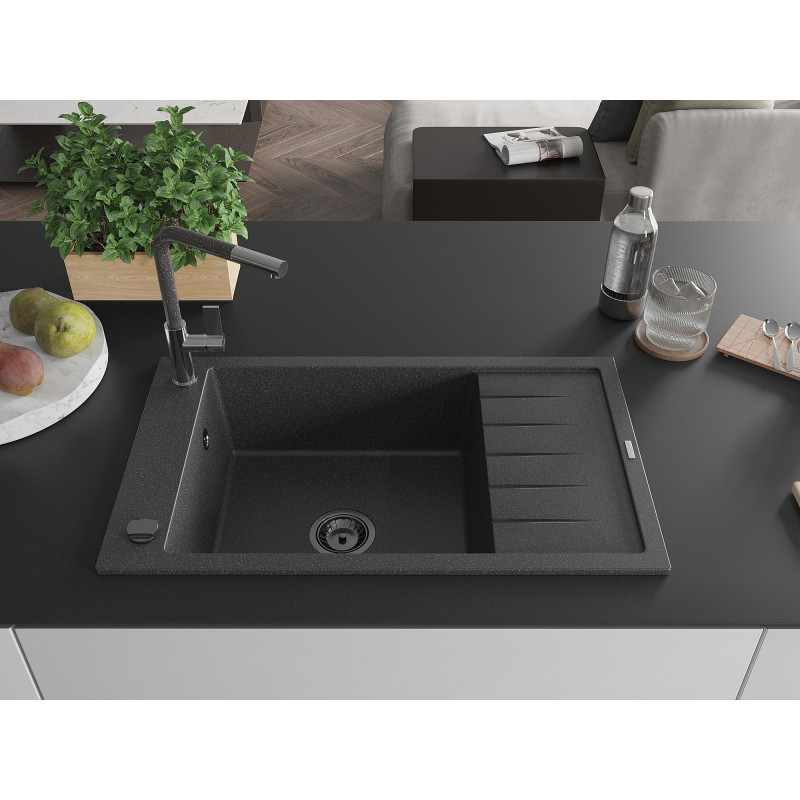 Mexen Elias Granitspüle 1-Becken mit Abtropffläche und Küchenarmatur Flora, schwarz gesprenkelt - 6511-76-670401-08-B