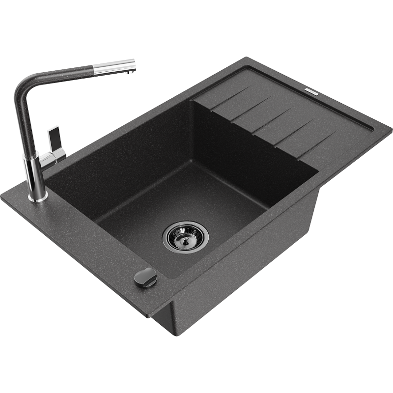 Mexen Elias Granitspüle 1-Becken mit Abtropffläche und Küchenarmatur Flora, schwarz gesprenkelt - 6511-76-670401-08-B