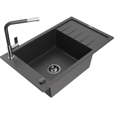 Mexen Elias Granitspüle 1-Becken mit Abtropffläche und Küchenarmatur Flora, schwarz gesprenkelt - 6511-76-670401-08-B