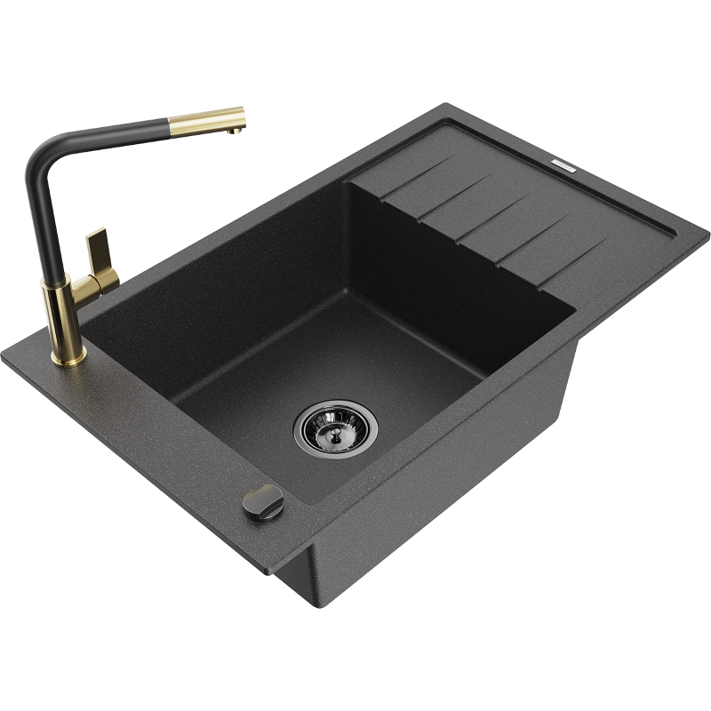 Mexen Elias Granitspüle 1-Becken mit Abtropffläche und Küchenarmatur Flora, schwarz gesprenkelt - 6511-76-670401-57-B