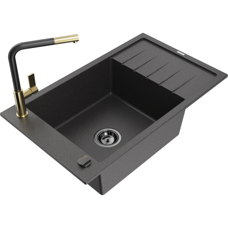 Mexen Elias Granitspüle 1-Becken mit Abtropffläche und Küchenarmatur Flora, schwarz gesprenkelt - 6511-76-670401-57-B