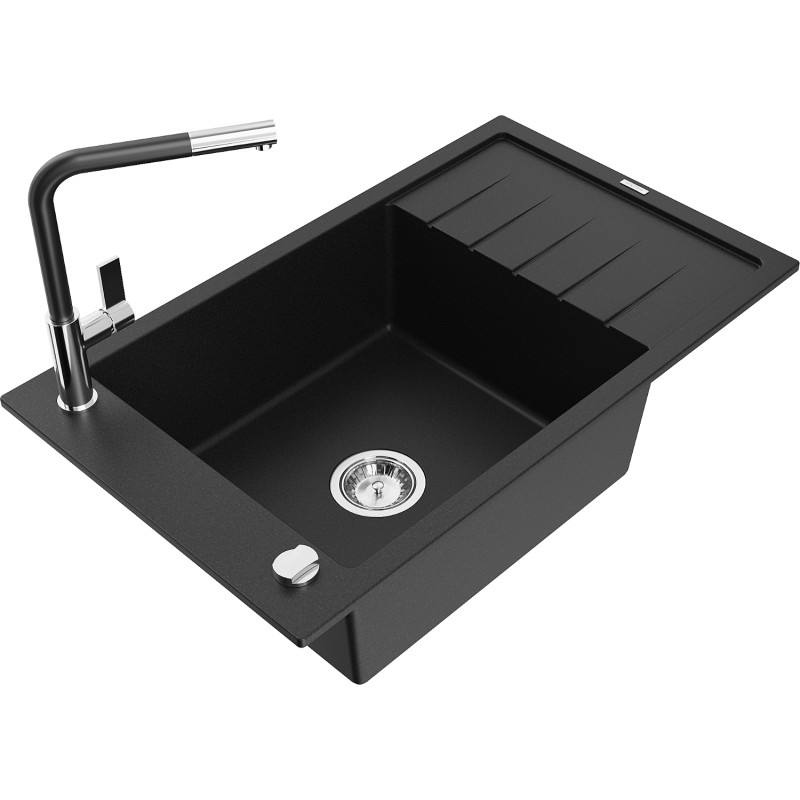 Mexen Elias Granitspüle 1-becken mit Abtropffläche und Küchenarmatur Flora, schwarz - 6511-77-670401-07