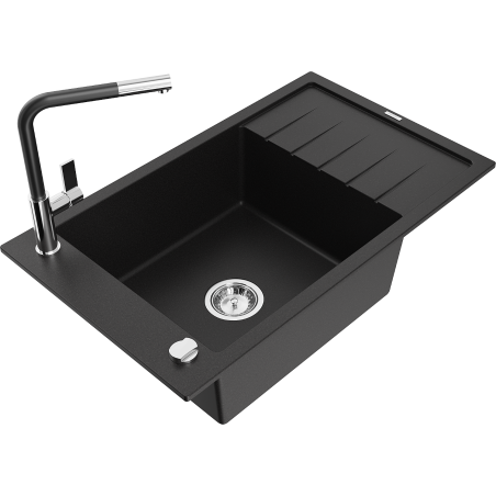Mexen Elias Granitspüle 1-becken mit Abtropffläche und Küchenarmatur Flora, schwarz - 6511-77-670401-07