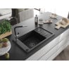 Mexen Elias Granitspüle 1-beckig mit Abtropffläche und Küchenarmatur Flora, schwarz - 6511-77-670401-07-B