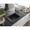 Mexen Elias Granitspüle 1-Becken mit Abtropffläche und Küchenarmatur Flora, schwarz - 6511-77-670401-57-B