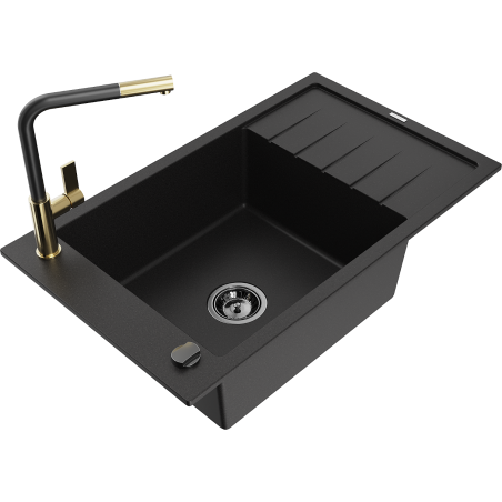 Mexen Elias Granitspüle 1-Becken mit Abtropffläche und Küchenarmatur Flora, schwarz - 6511-77-670401-57-B